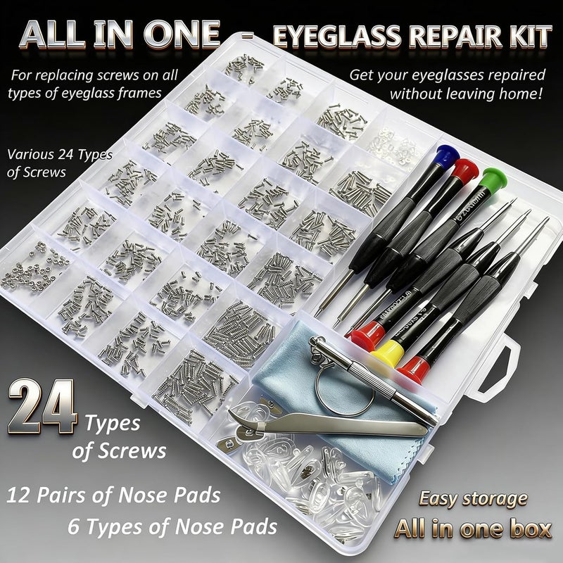 PFDHQS Eyeglass Repair Kit - 24 Types of Eyeglass Screw Size Glasses Repair Kit with Screws, Eyeglass Nose Pads, Eyeglass Screwdriver and Tweezer (24 Types Screws) - Image 2